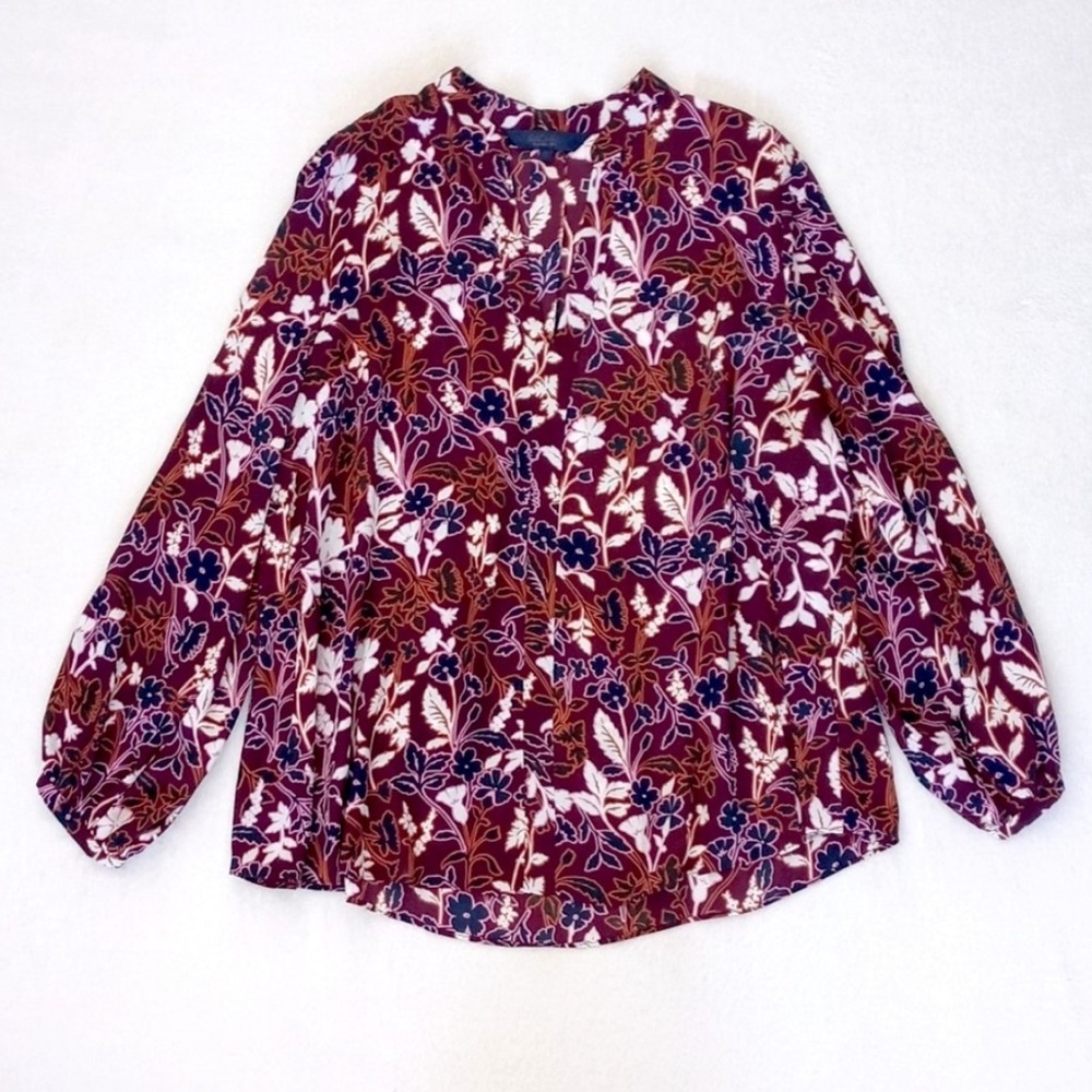 Elegant Rachel Roy Wine White Navy Blue & Purple Floral Long Sleeve Blouse 0X